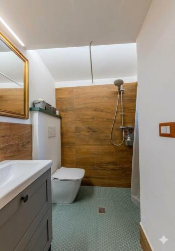 a bathroom with a toilet and a sink and a mirror at Oltre il Borgo in Valentano