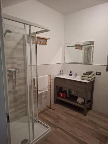 a bathroom with a glass shower and a sink at Oasi della Calvana in Vaiano