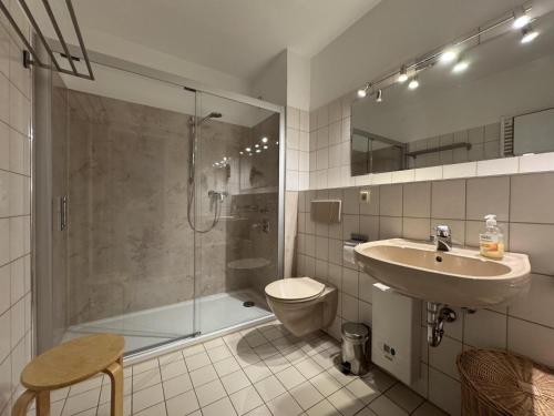 a bathroom with a shower and a sink and a toilet at Haus Trafalgar App 255 in Cuxhaven