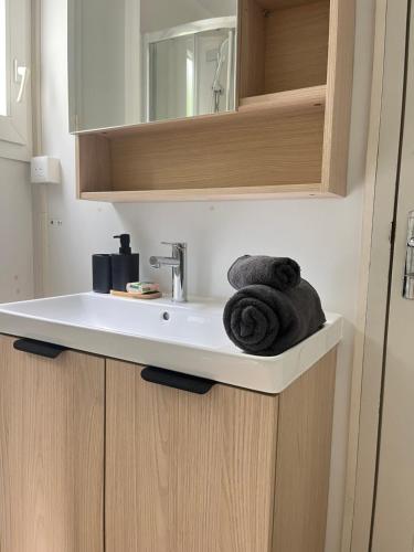 a bathroom sink with a towel on the counter at Chalet paisible in Rivières