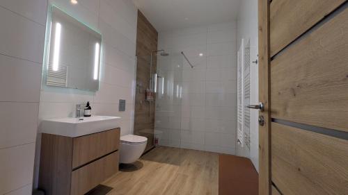 a bathroom with a white sink and a toilet at Apartment Nordic in Veselé