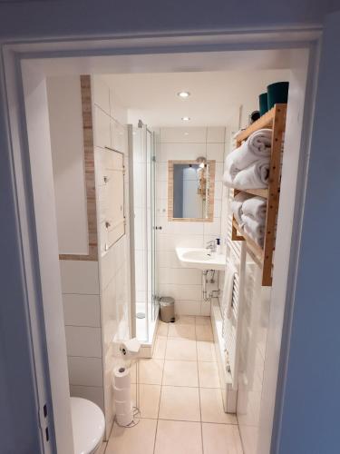 a bathroom with a toilet and a sink at Reethaus Beusloe II in Beusloe