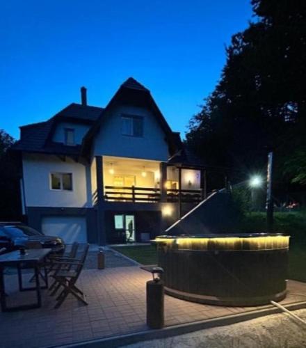 a house at night with a fountain in front of it at Flow House in Satu Mare
