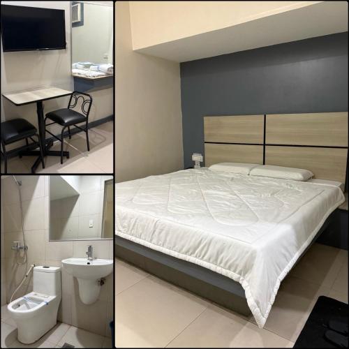 two pictures of a bedroom with a bed and a sink at Nice Hotel Mac Arthur in Manila