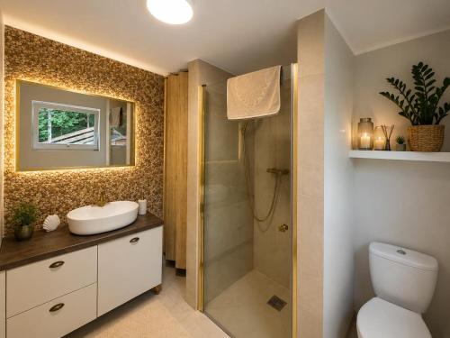 a bathroom with a toilet and a sink and a shower at ACTIVFARM DOMKI NA KASZUBACH Domek Dorotka in Gliśno