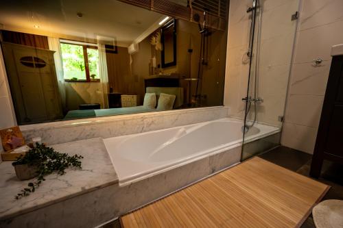 a large bathroom with a tub and a large mirror at Villa VICTORIA Loven Park Boutique Rooms Sofia in Sofia