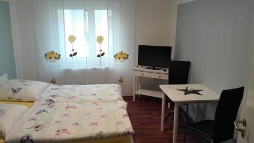 a bedroom with a bed and a table and a television at Ferien - und Messewohnung am Wöhrder See in Nürnberg