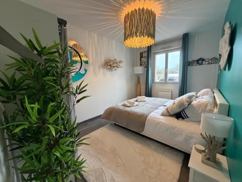 a bedroom with a bed and a potted plant at Escale des Grimpeurs in Milly-la-Forêt
