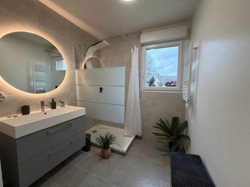 a bathroom with a sink and a mirror at Escale des Grimpeurs in Milly-la-Forêt