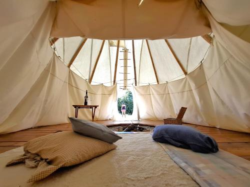 a room with a tent with pillows on the floor at Cihelna 10 Teepee&Wine in Hlavňovice