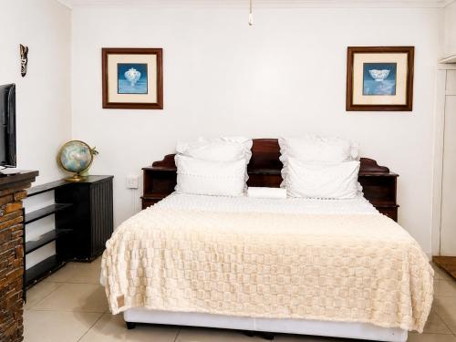 a bedroom with a bed with white sheets and a television at The Big Five Bed and breakfast in Mooiriver