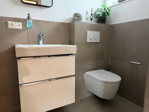 a bathroom with a sink and a toilet at Urlaub Schwarzwaldliebe in Bad Teinach-Zavelstein