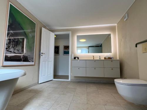 a bathroom with a sink and a toilet and a mirror at Boots and Bikes B&B in Neksø