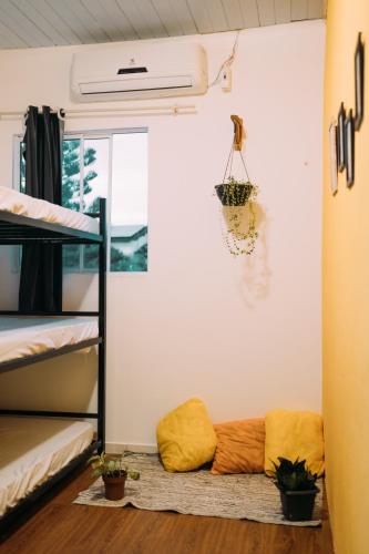 a dorm room with bunk beds and plants at Piano Piano hostel in Pipa
