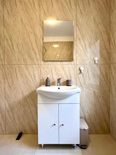 a bathroom with a white sink and a mirror at Central Loft Studio Târgoviște in Târgovişte