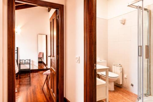 a bathroom with a toilet and a glass door at Tejasturias |Piscina, Pádel y Playa de La Franca in Noriega