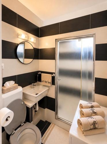 a bathroom with a shower and a toilet and a sink at Tófenék Deluxe Apartman in Szolnok