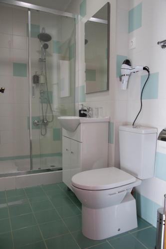 a bathroom with a toilet and a sink and a shower at Casa Mariolas in Manteigas