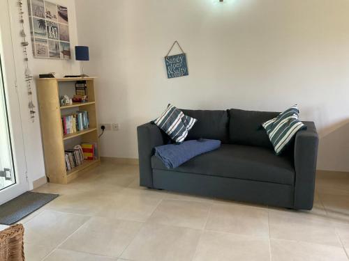 a living room with a couch and a book shelf at Little Blue House in Sidari