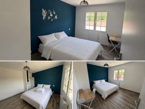 two pictures of a bedroom with a bed and a desk at La Couronne Apartment in La Couronne