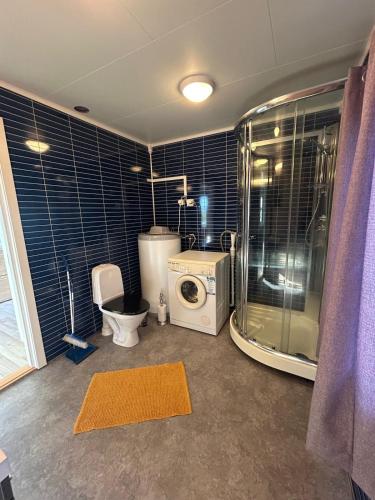 a bathroom with a shower and a washer and dryer at Varangerfjord Stay in Varangerbotn