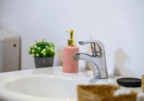 a bathroom sink with a soap dispenser and a pink bottle at Etno wooden room in Rakovica