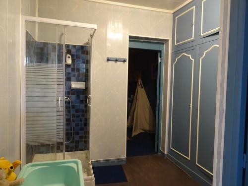 a bathroom with a glass shower with a tiled wall at Roses de Picardie in Chauny