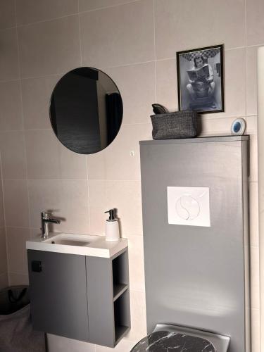 a bathroom with a sink and a mirror at Le 7ème Art in Hombourg-Haut