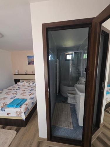 a bedroom with a bed and a shower and a toilet at Mica căsuța in Jurilovca