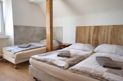 a room with three beds in a room at Ubytovna Statek Olomouc in Olomouc