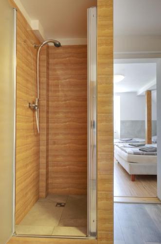 a shower with a glass door in a bedroom at Ubytovna Statek Olomouc in Olomouc