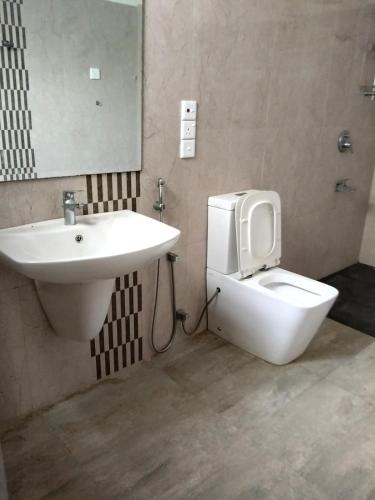 a bathroom with a sink and a toilet and a mirror at Peacock Forest Villa in Kosgoda