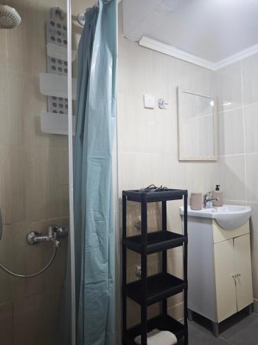 a bathroom with a shower and a sink at Elina House 2 in Nikiti
