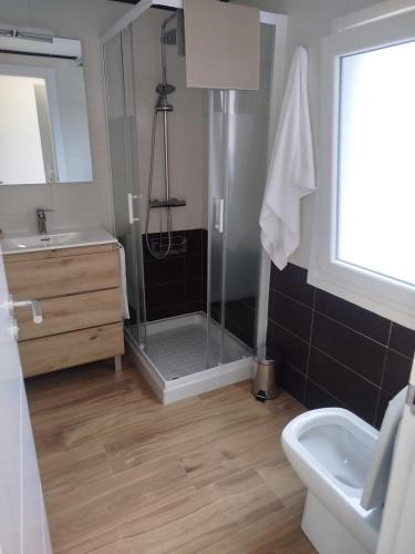 a bathroom with a shower and a sink and a toilet at La casa de Carmen in Neda