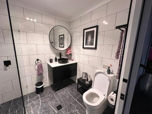a bathroom with a toilet and a sink and a mirror at Among The Trees Guest Suite in Kooralbyn