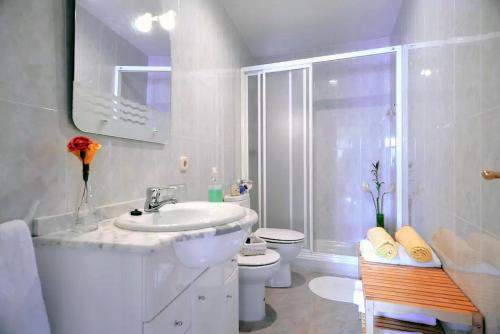 a bathroom with a sink and a toilet and a shower at Iberia TM Apartments Real Villa in Navalcarnero