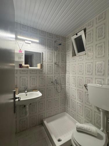 a bathroom with a shower and a toilet and a sink at Avlή Apartments I in Kamári