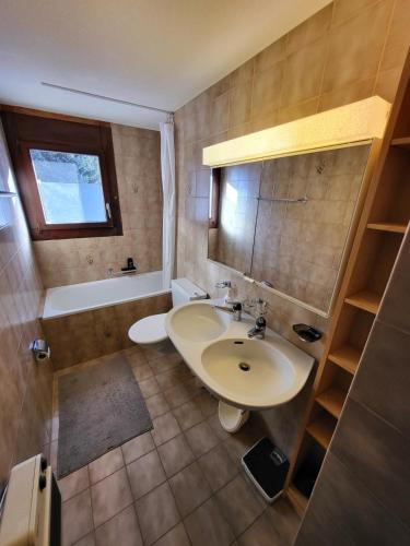 a bathroom with a sink and a toilet and a tub at Wohnung Casa Hirundella in Trin