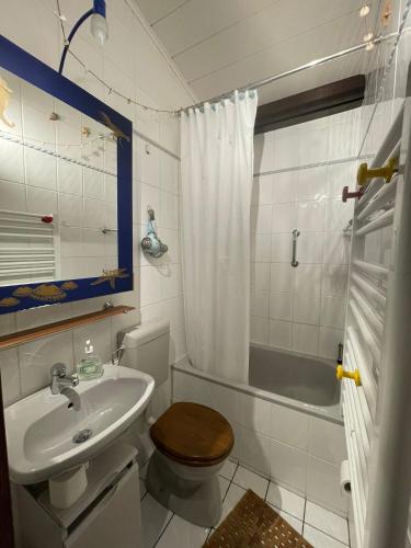 a bathroom with a sink and a toilet and a shower at Sunclass Tignale Bungalow Gardasee in Tignale