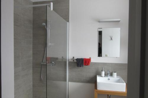 ein Bad mit einer Glasdusche und einem Waschbecken in der Unterkunft At Home in Dochamps