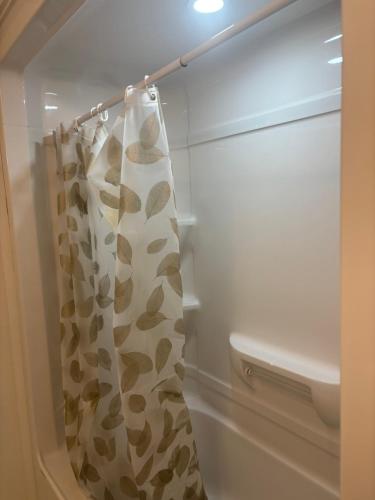 a bathroom with a toilet and a shower curtain at La perle de Dieppe in Dieppe