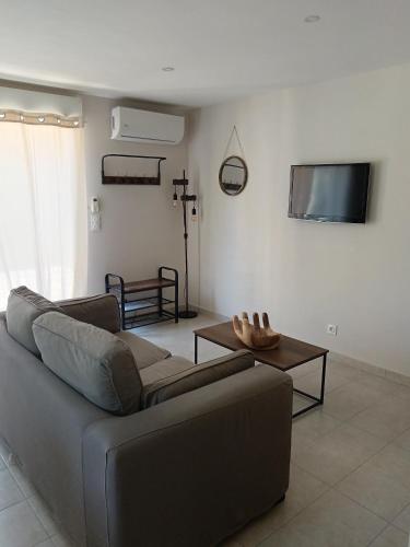 a living room with a couch and a tv at Charmant cocon tout équipé in Carpentras