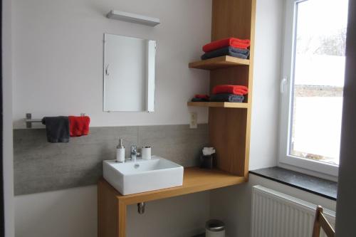 ein Badezimmer mit einem weißen Waschbecken und einem Spiegel in der Unterkunft At Home in Dochamps