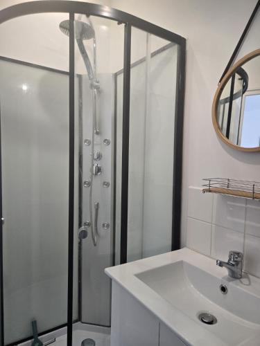 a bathroom with a shower and a sink at STUDIO COZY 20m2 in Les Attaques