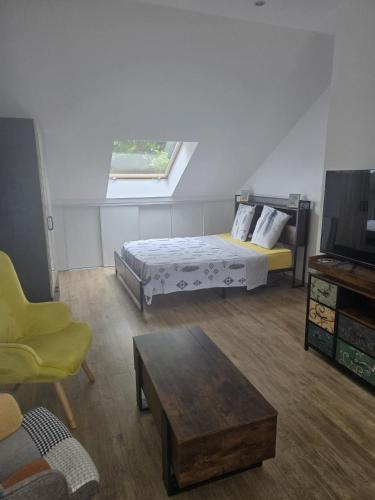 a living room with a bed and a tv at STUDIO COZY 20m2 in Les Attaques
