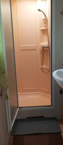 a shower door in a bathroom next to a sink at le 130 mobile home à Meschers sur Gironde au camping L'escale in Meschers-sur-Gironde