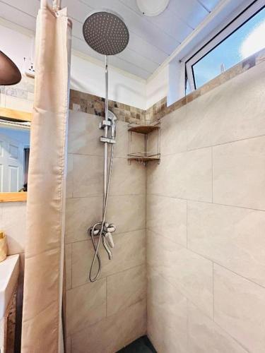a shower with a shower head in a bathroom at TRR3 Apt near Beach with Fine Cuisine & Pool in Grand-Baie