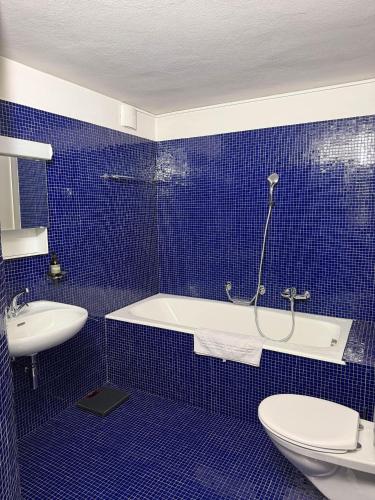 a blue tiled bathroom with a tub and a toilet at Villa Cavalli in Verscio