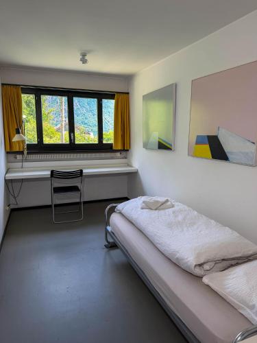 a bedroom with a bed and two windows at Villa Cavalli in Verscio