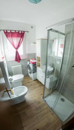 a bathroom with a toilet and a glass shower at Lake Apartment Ischia Red, Lago di Caldonazzo in Tenna 